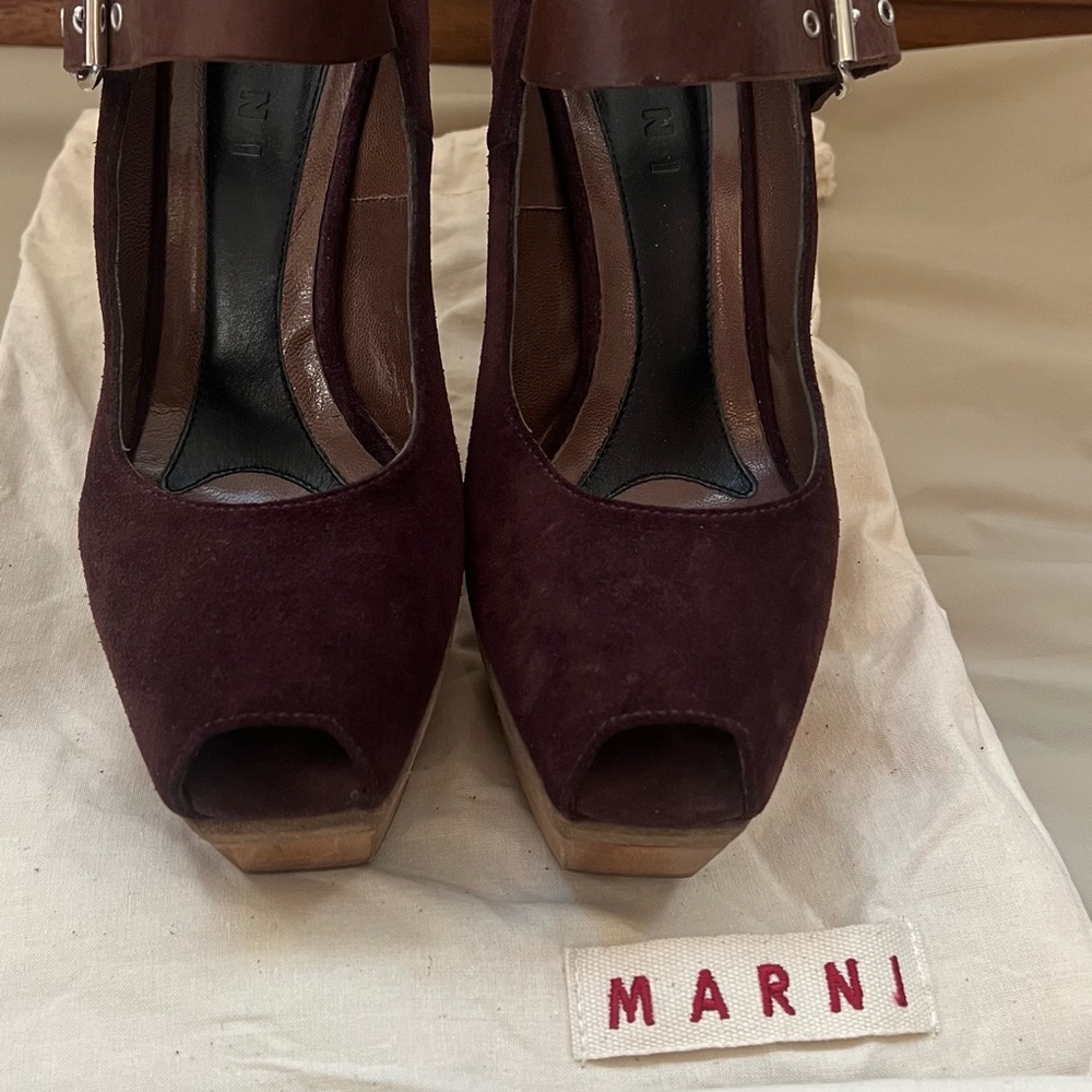 Marni Burgundy Suede with Leather Straps, wood heels and platforms.